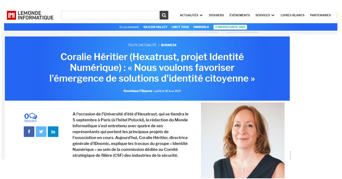Caroline Drobinski (@drobinski2604) on Twitter photo A lire dans <a href="/MondeInformatiq/">Le Monde Informatique</a> #UEHT2019 l'interview de <a href="/HeritierCoralie/">Coralie Héritier</a> <a href="/idnomic/">IDnomic</a> qui nous présente les travaux du groupe de travail #identité numérique au sein du comité stratégique de filière #securite <a href="/Hexatrust/">HEXATRUST</a> >>>bit.ly/2ZHEzed A lire dans <a href="/MondeInformatiq/">Le Monde Informatique</a> #UEHT2019 l'interview de <a href="/HeritierCoralie/">Coralie Héritier</a> <a href="/idnomic/">IDnomic</a> qui nous présente les travaux du groupe de travail #identité numérique au sein du comité stratégique de filière #securite <a href="/Hexatrust/">HEXATRUST</a> >>>bit.ly/2ZHEzed