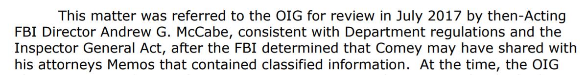 THIS is important. McCabe referred Comey to the OIG for leaking classified information in July of 2017 as McCabe was still trying to use Comey as his scapegoat.