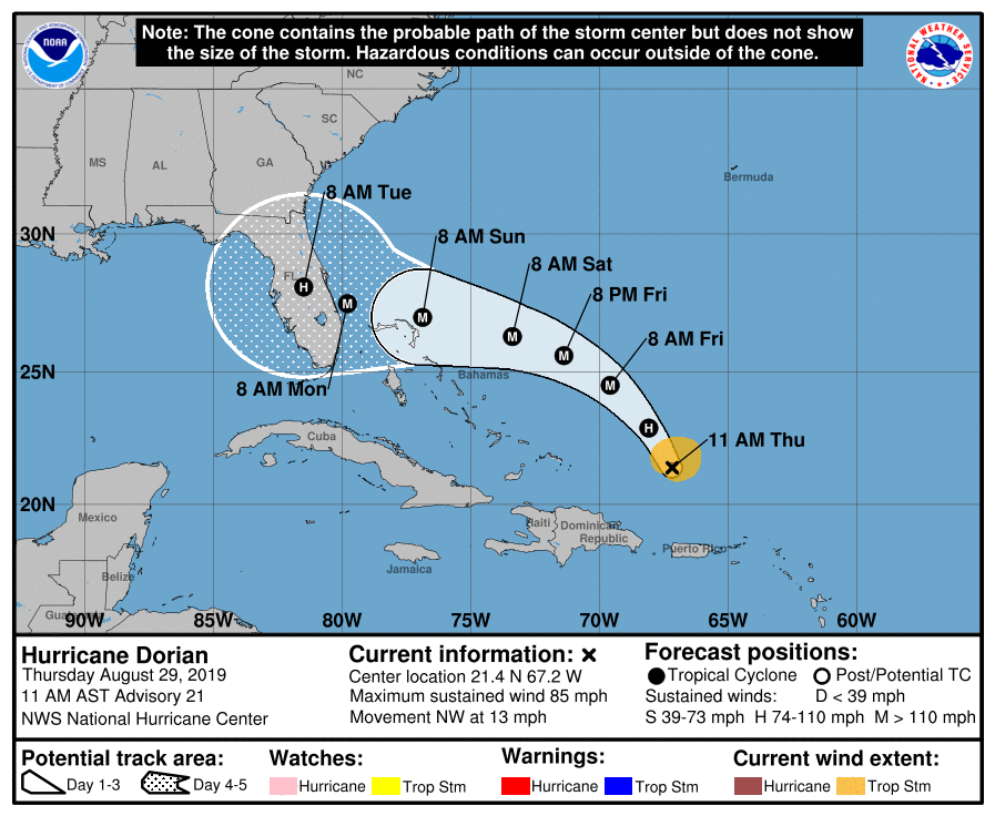 cnnbrk's tweet photo. The National Hurricane Center's latest advisory says Hurricane Dorian is forecast to be a Category 4 hurricane when it makes US landfall. Follow live updates: https://t.co/DzhucoBRCc https://t.co/36nIyTSwkF