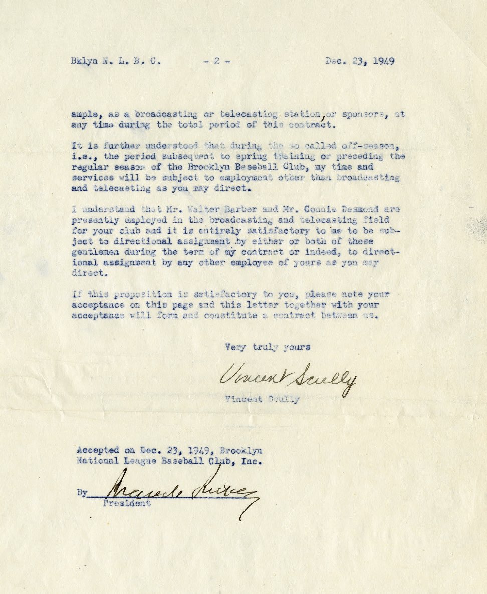 Darren Rovell A Twitter For Their Next Auction Which Begins On Sept 11 Scpauctions Is Offering Up Vin Scully S 1950 Dodgers Broadcasting Contract He Was 22 Living With His Parents And Made
