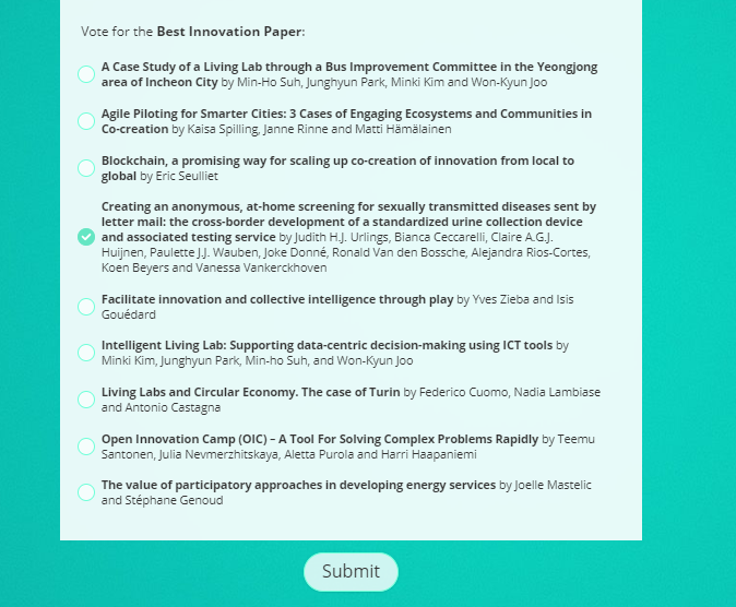 HappyAging_'s tweet photo. Help @JudithUrlings @BiancaCeccarell win the Best #Innovation Paper Award @openlivinglabs with the @CrossCare_VLNL project Colli-Pee. The Colli-pee @Novosanis allows for easy and anonymous urine sampling and was developed with #livinglab #endusers 

#vote https://t.co/mxXsDquG3k https://t.co/d1Tb2vCoRh