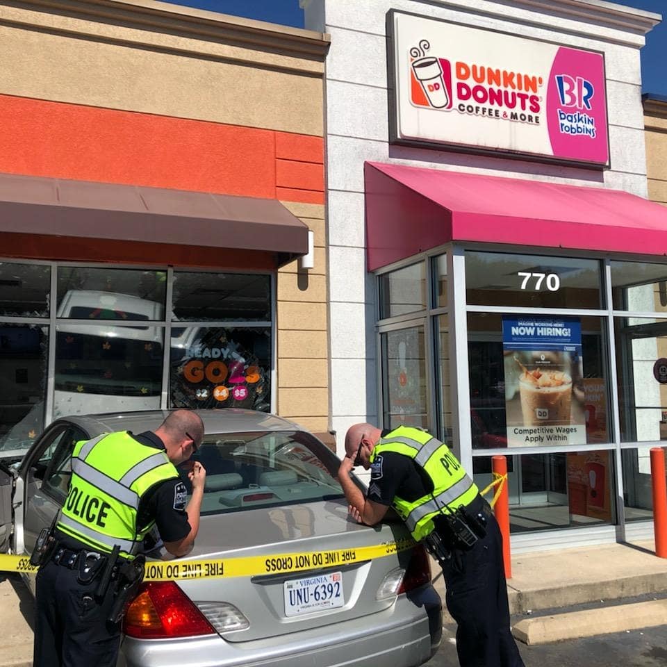 ClaytonPoliceNC's tweet photo. The Clayton @dunkindonuts on US70 &amp; Enterprise Drive will be closed today after a woman accidentally hit the gas pedal of her car and smashed through a glass window. Luckily, the 2 women in the car will be ok &amp; everyone inside was un-hurt. Insert donut joke here: https://t.co/VVnwUoVc9W