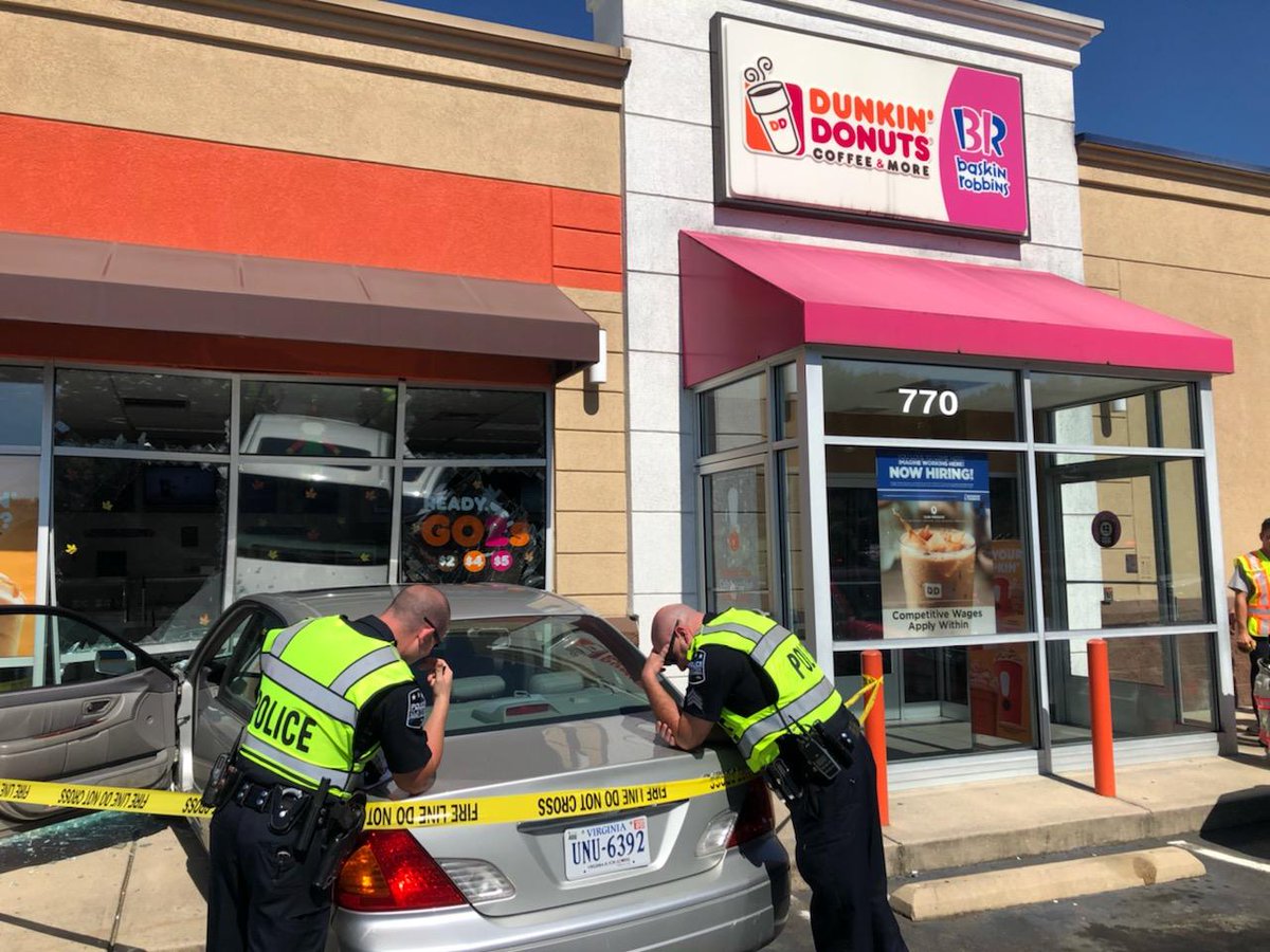 ClaytonPoliceNC's tweet photo. The Clayton @dunkindonuts on US70 &amp; Enterprise Drive will be closed today after a woman accidentally hit the gas pedal of her car and smashed through a glass window. Luckily, the 2 women in the car will be ok &amp; everyone inside was un-hurt. Insert donut joke here: https://t.co/VVnwUoVc9W