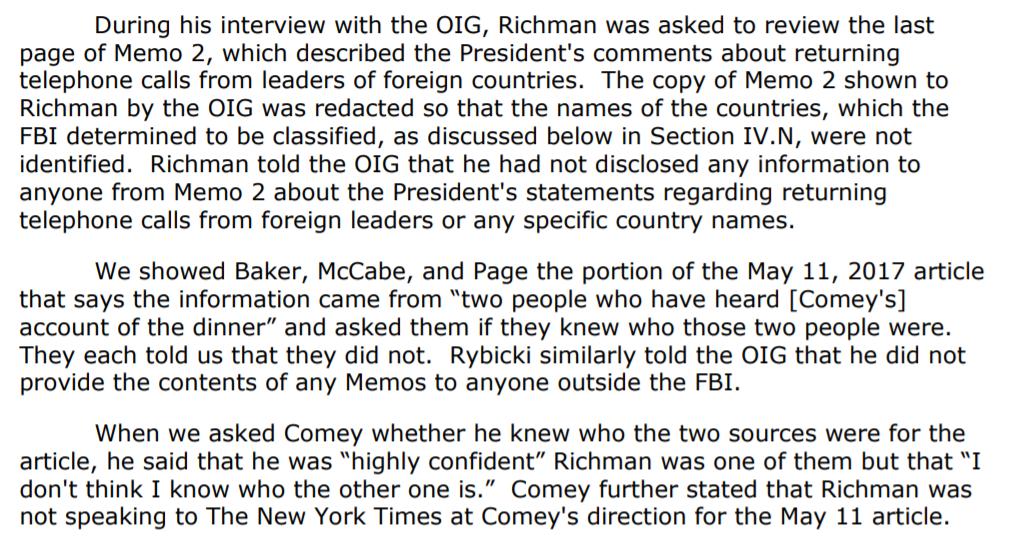 Baker, McCabe & Page denied to the OIG that they were the second source of the NYT article. The article printed a day after they got the copies from Rybicki who says he isn't the second source either!Recall McCabe lied about leaking to FBI INSD the morning of Comey's firing 5/9