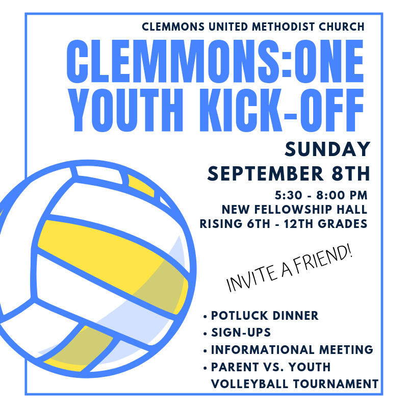 ClemmonsOne's tweet photo. Hey! Look! Share with your friends! Our kick-off for youth families of rising 6th - 12th graders is Sunday, Sept. 8th.

We are asking that families with the last name of A-M bring an appetizer, main dish, or side dish, and families with the last name of N-Z to bring a dessert! https://t.co/dVI60cs8pX
