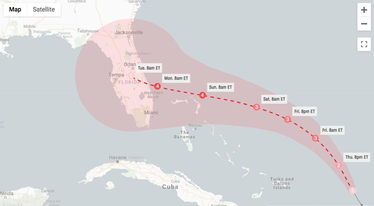CNN's tweet photo. Hurricane Dorian is now forecast to strengthen to a Category 4 hurricane with 130 mph winds by Sunday, and maintain that intensity through landfall in Florida, according to the National Hurricane Center. https://t.co/JXmuOUViid

Track to storm: https://t.co/nm5ZqcfHHy https://t.co/fPZdBmcN1q