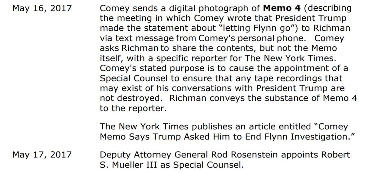 Then Comey provides a copy of memo 4 to Richman to leak to NYT's. Triggering a special counsel probe to take the case away from Andrew McCabe, the Deputy and Acting Director of the FBI who Comey excluded on the last 4 memos of his meetings with Trump!