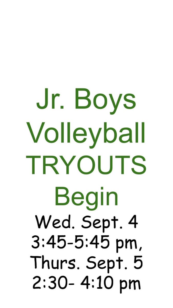 Jr Boys Volleyball tryouts begin Wed. Bring it on.