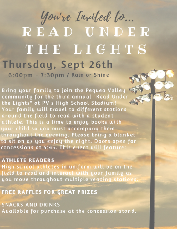 PVLiteracy's tweet photo. Hey PV Families! It's less than a month until our Read Under the Lights event. Mark your calendars for this fun-filled night and we hope to see you there! #PVLiteracy https://t.co/ZRl4esF7G4