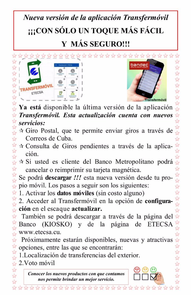 bandecmatanzas's tweet image. ENTÉRESE!!!  La última versión del TRANSFERMÓVIL ofrece nuevos  y atractivos servicios. CON UN SÓLO TOQUE MÁS FÁCIL Y MÁS SEGURO #YOUSOTRANSFERMÓVIL