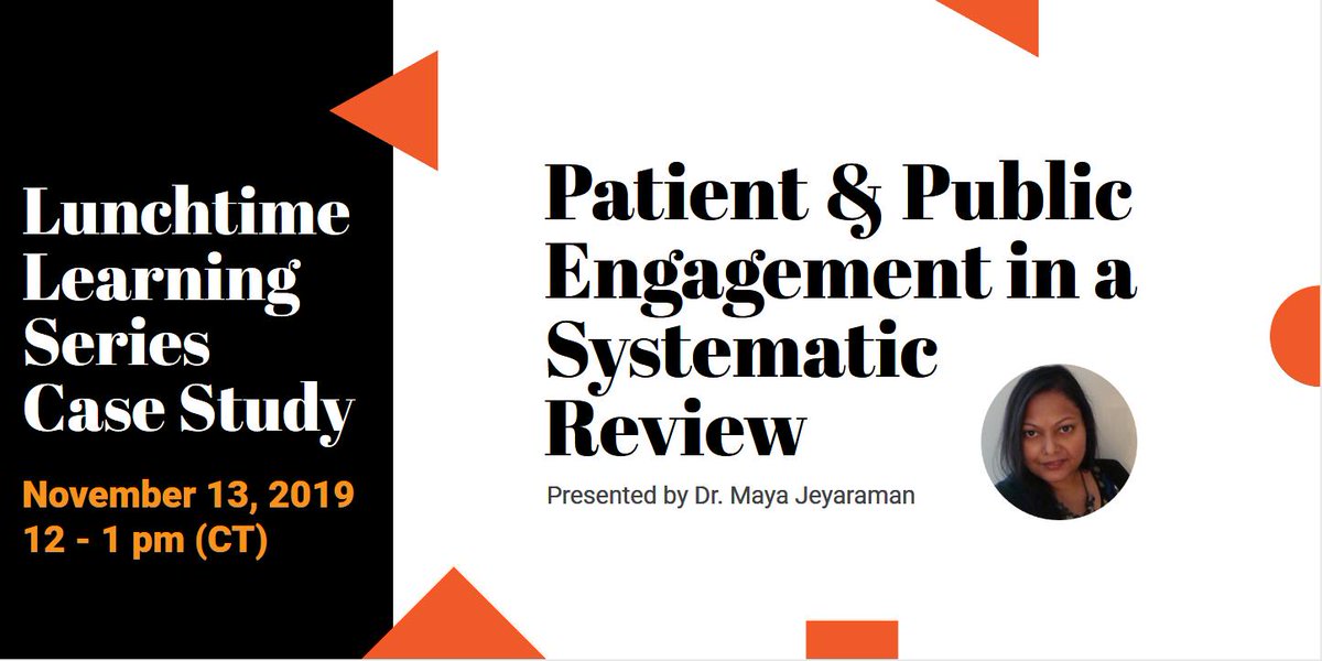 CHImbca's tweet photo. Save the date for the next #patientengagement #LunchtimeLearningSeries on Nov. 13!
Maya Jeyaraman, Senior Systematic Reviewer, will share her team’s experiences engaging with patient and public partners across Canada. Join us in-person or via webinar! https://t.co/FlskwG0kjJ https://t.co/cYmwGU1BQn