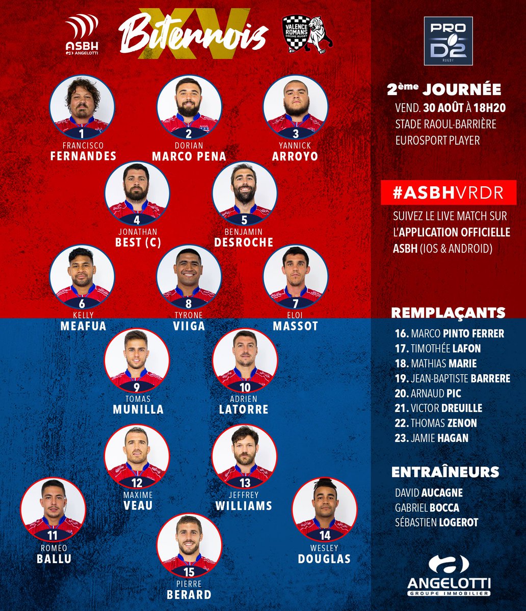 ASBHOfficiel's tweet photo. #ASBHVRDR
Découvrez les 23 joueurs sélectionnés par le staff Biterrois pour la deuxième journée de @rugbyprod2 face au @VRDRrugby ! 🔥
#AquiEsBesiers https://t.co/QUgIz8VD6E
