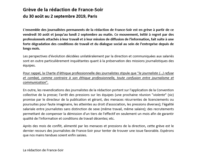 pierre_plottu's tweet photo. A partir de demain, et jusqu'à lundi matin, la rédaction de France-Soir est en #grève. C'est la mort dans l'âme, car nous sommes tous très attachés à notre métier, mais nous n'avons pas le choix.
Voici le communiqué de la rédaction ⤵️
cc @SNJ_national https://t.co/zUcnVA8CHK