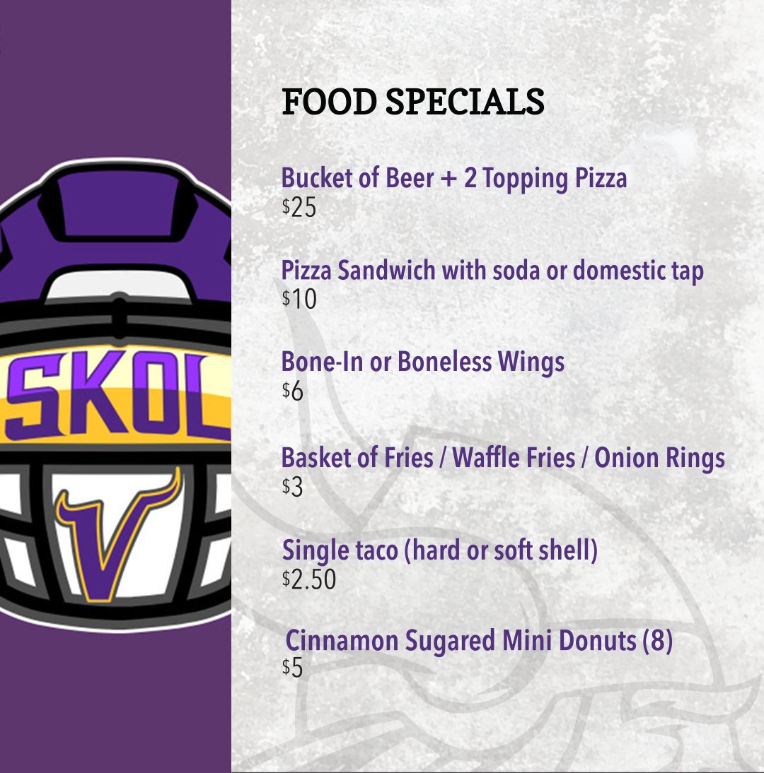 cgcarbones's tweet photo. 💜💛TONIGHT💛💜
🏈 Vikings vs. Bills at 6pm
🍕 Take advantage of our awesome game specials! See you tonight! https://t.co/czTlLab96f