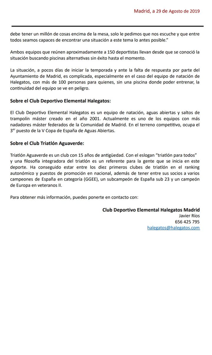 NOTA DE PRENSA: Dos clubes deportivos podrían desaparecer por una decisión arbitraria del Ayuntamiento de @Madrid