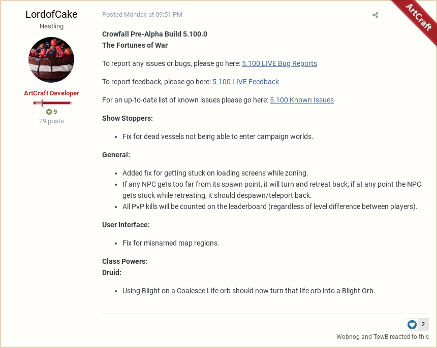 ProjectMalekai's tweet photo. LordofCake posted in "5.100 LIVE Patch Notes for 8/27/19 and 8/29/19" #Crowfall #RedPost
https://t.co/EayuasnA9x https://t.co/ezV5KRMk5V