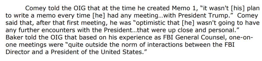 Comey classified Memo 1 like FISA information & did not share it with anyone other then the identified FBI recipients. Comey says he thought he& #39;d never have additional 1 on 1 meetings with Trump after telling him about the pee tape!