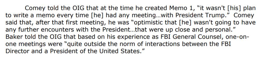 Comey classified Memo 1 like FISA information & did not share it with anyone other then the identified FBI recipients. Comey says he thought he'd never have additional 1 on 1 meetings with Trump after telling him about the pee tape!