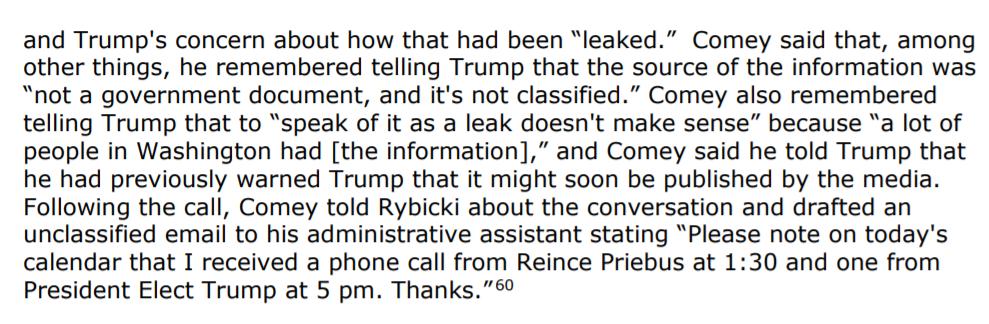 After that leak to CNN & Buzzfeed's publication of the dossier. President Trump arranged a phone call with Comey on 1/17/17. That Comey did not document in a memo...Leaking the Steele Dossier was not a crime, leaking the content of Comey's Classified 1/7/17 memo & email was!