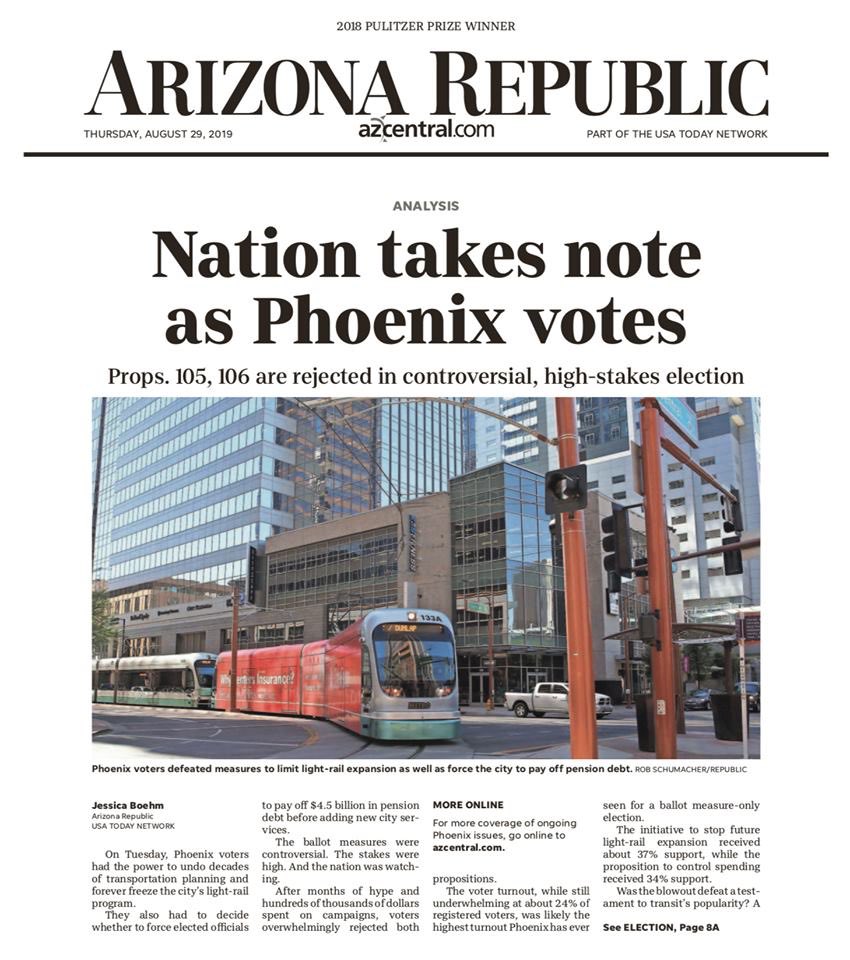 On Tuesday, Phoenix voters spoke once again, loud and clear: Keep investing in public transit. Since light rail opened 10 years ago, it’s exceeded our expectations and brought $11 billion ininvestment along the line—it's been a resounding success, and it's here to stay.