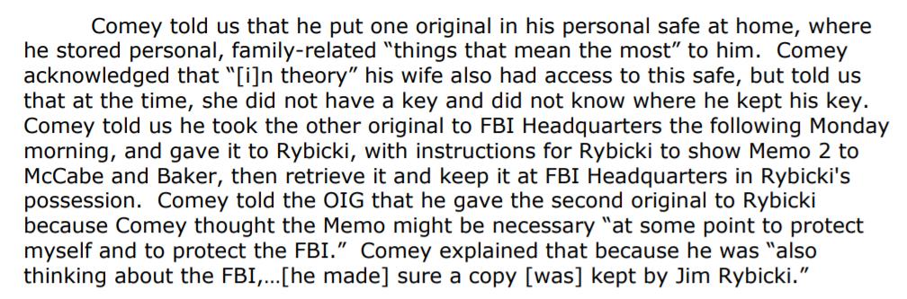 Memo 2 was the first "personal memo" he made 2 copies & deleted the file. Comey had Rybicki provide the memo to McCabe & Baker to read & then retrieved it so they would not have a copy. Wonder if they each got different versions to track who leaked it?