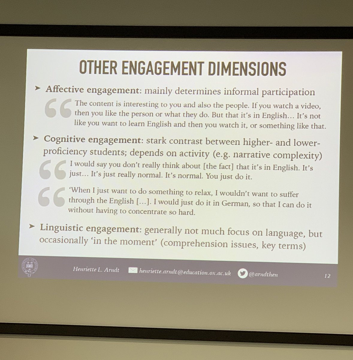 AmalBashe's tweet photo. Fascinating presentation on learners’ engagement in #ISLL in 🇩🇪 and implications for teaching & learning by Henriette Arndt
#BAAL2019 https://t.co/ilm6DtU8s9
