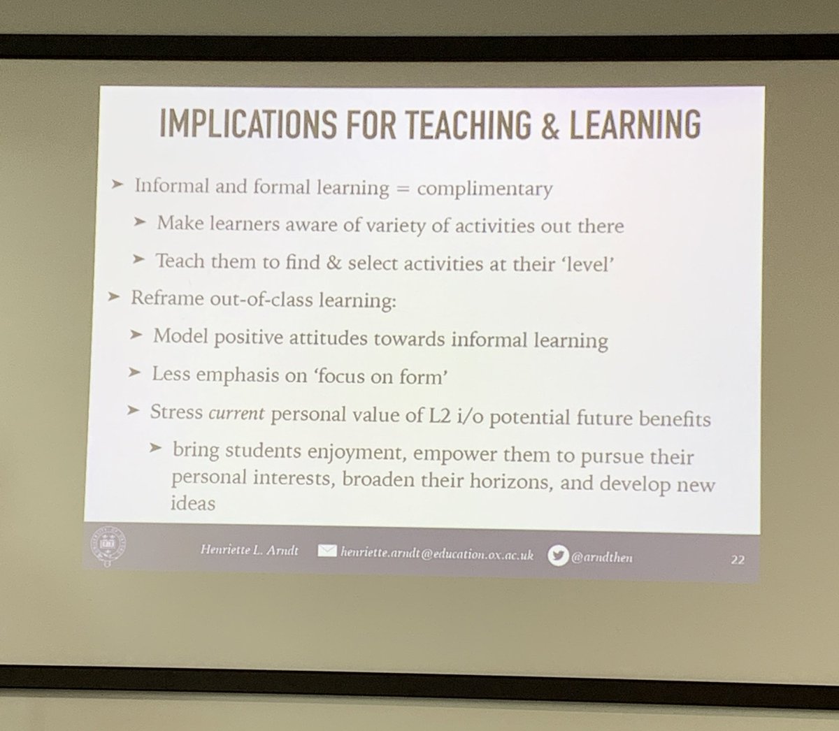 AmalBashe's tweet photo. Fascinating presentation on learners’ engagement in #ISLL in 🇩🇪 and implications for teaching & learning by Henriette Arndt
#BAAL2019 https://t.co/ilm6DtU8s9