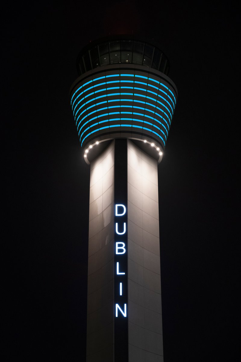 IAApress's tweet photo. Good luck to Dublin and Kerry in the All Ireland final this Sunday. The Dublin air traffic control tower has been lit up blue for the first time in support of our colleague Jim Gavin, as he aims to lead Dublin to an historic 5 All Ireland titles in a row. @dublinofficial https://t.co/DFS2CkFmo6