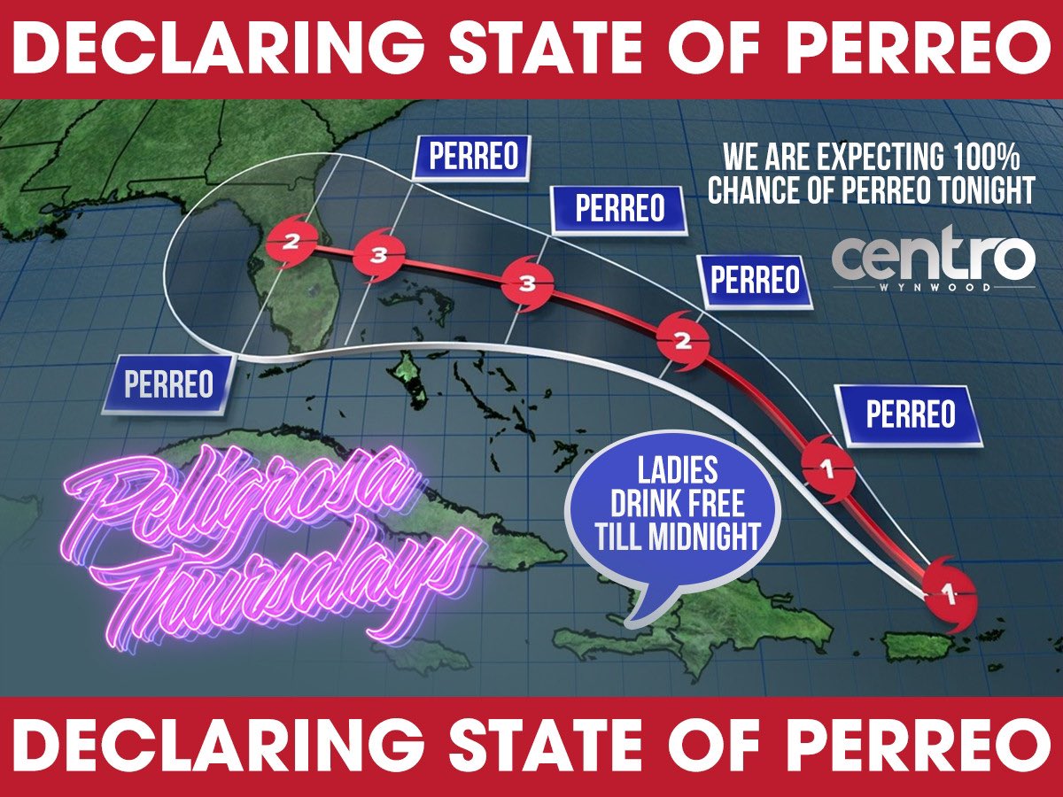 CentroWynwood's tweet photo. Declaring state of perreo ! Peligrosa Thursday’s ladies drink free till midnight #CentroWynwood 💨💨 https://t.co/wfxrHNEj6l