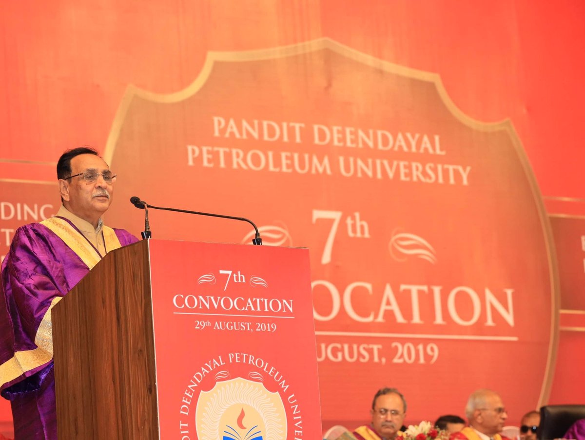 vijayrupanibjp's tweet photo. Convocation is not the conclusion of education but a ceremonial beginning of its application. I am confident that students awarded degree today at Pandit Deendayal Upadhyay Petroleum University convocation will work with utmost social responsiveness &amp; national consciousness. https://t.co/tH1Z4vB2B3