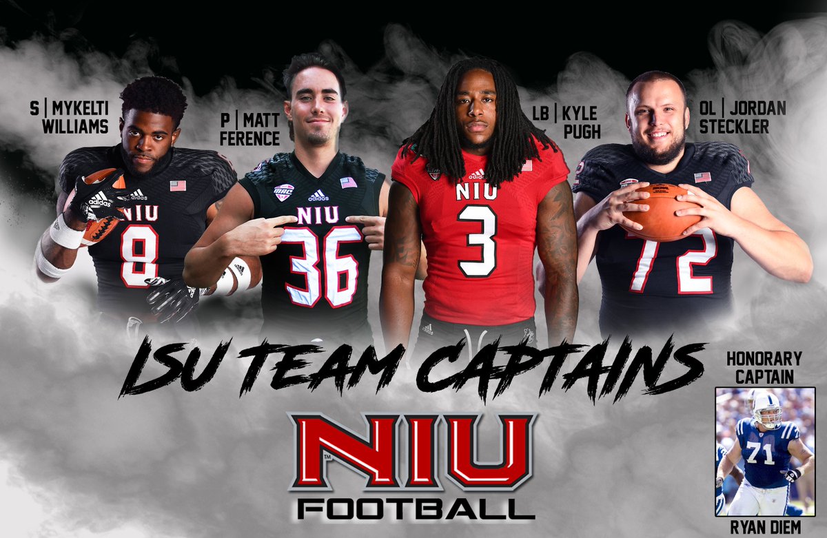 ROLL CALL!📢

Here are your Huskie captains for this Saturday's season opener as we take on the Redbirds of Illinois State. 

We will also be honoring one of our NIU Alumni and Huskie legends <a href="/ryandiem/">Ryan Diem</a> during this weeks coin toss.

#GameWeek #collage #football #TheHardWay