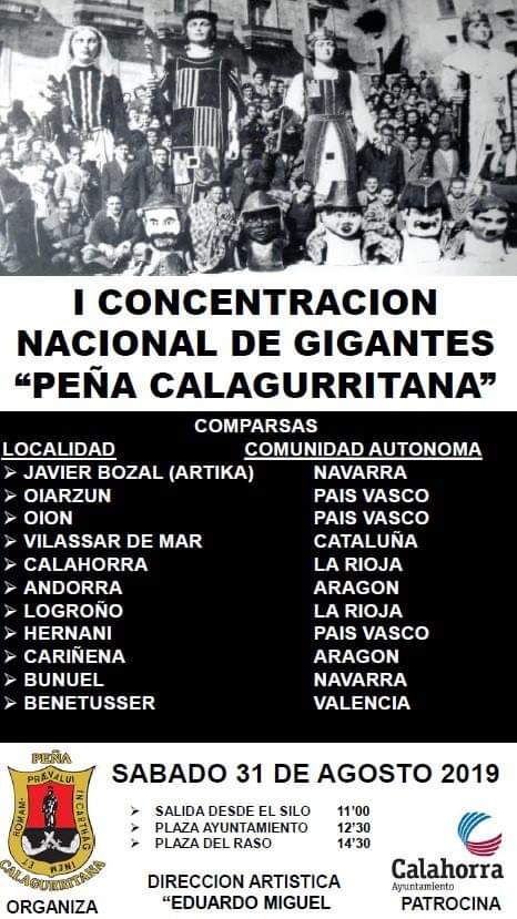 Demà, per primera vegada, el grup actuarà per terres riojanes, concretament a Calahorra, on ens han convidat a la I Concentración Nacional de Gigantes "Peña Calagurritana"

Serem l'única representació valenciana de l'esdeveniment

¡Nos vemos mañana, calagurritanas/os!🙌