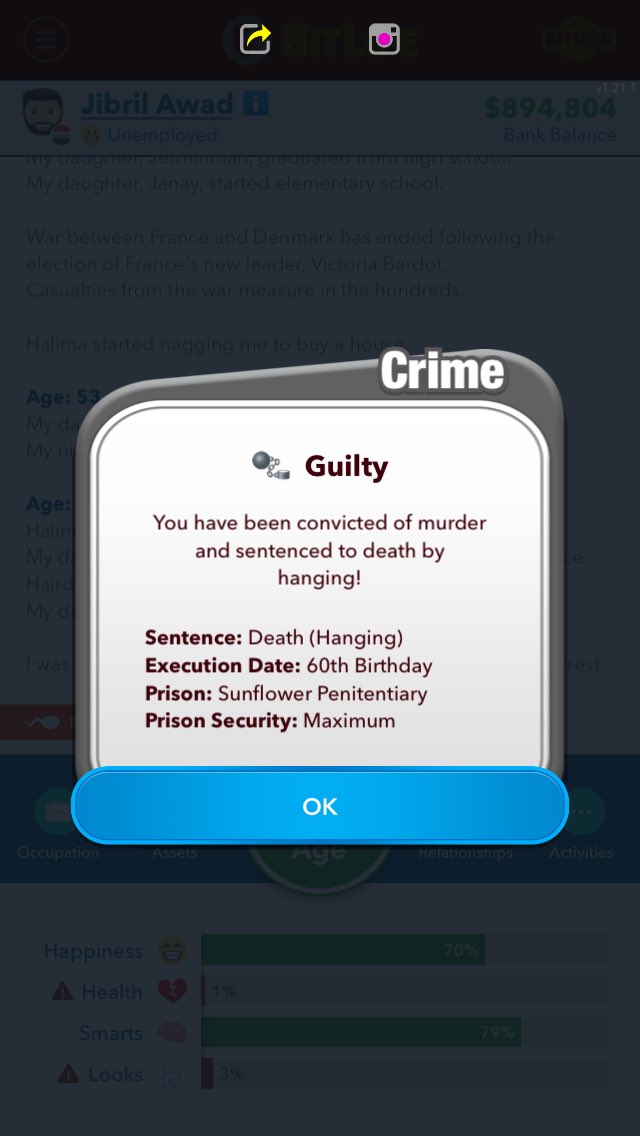 EmmyGamesYT's tweet photo. @_GTRyt uhmmm I forgot I murdered my wife when she said she’d rather watch YouTube instead of make babies with me... I came back today and was told this lol. @BitLifeApp #bitlife #bitlifeupdate #oops #emmygames https://t.co/tBMO87wVZ3