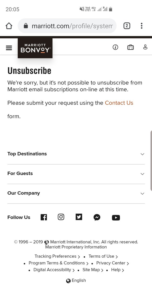 TheFillistine's tweet photo. Trying to unsubscribe from @MarriottBonvoy emails for the second time in 7 days. I never signed up. Have already used contact us. @Marriott do you have a data privacy policy? https://t.co/aOcpl2mbqs