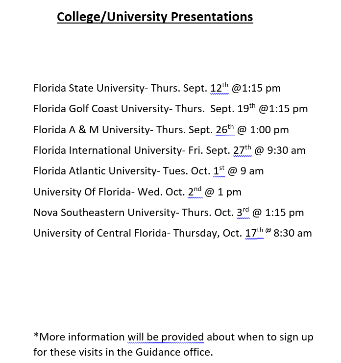 SHSCounselors1's tweet photo. Check out the upcoming dates for College Presentations on Campus! #admissions #applicationtime @w_mawali @WilnicG https://t.co/ZlasE3Qho4