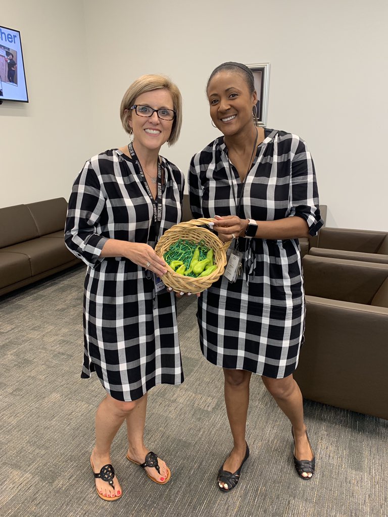 When you accidentally wear the same dress and the school garden has its first crop, you end up with a gem like this to send to the group at Prairie View A&amp;M that fund the garden. #jeschat