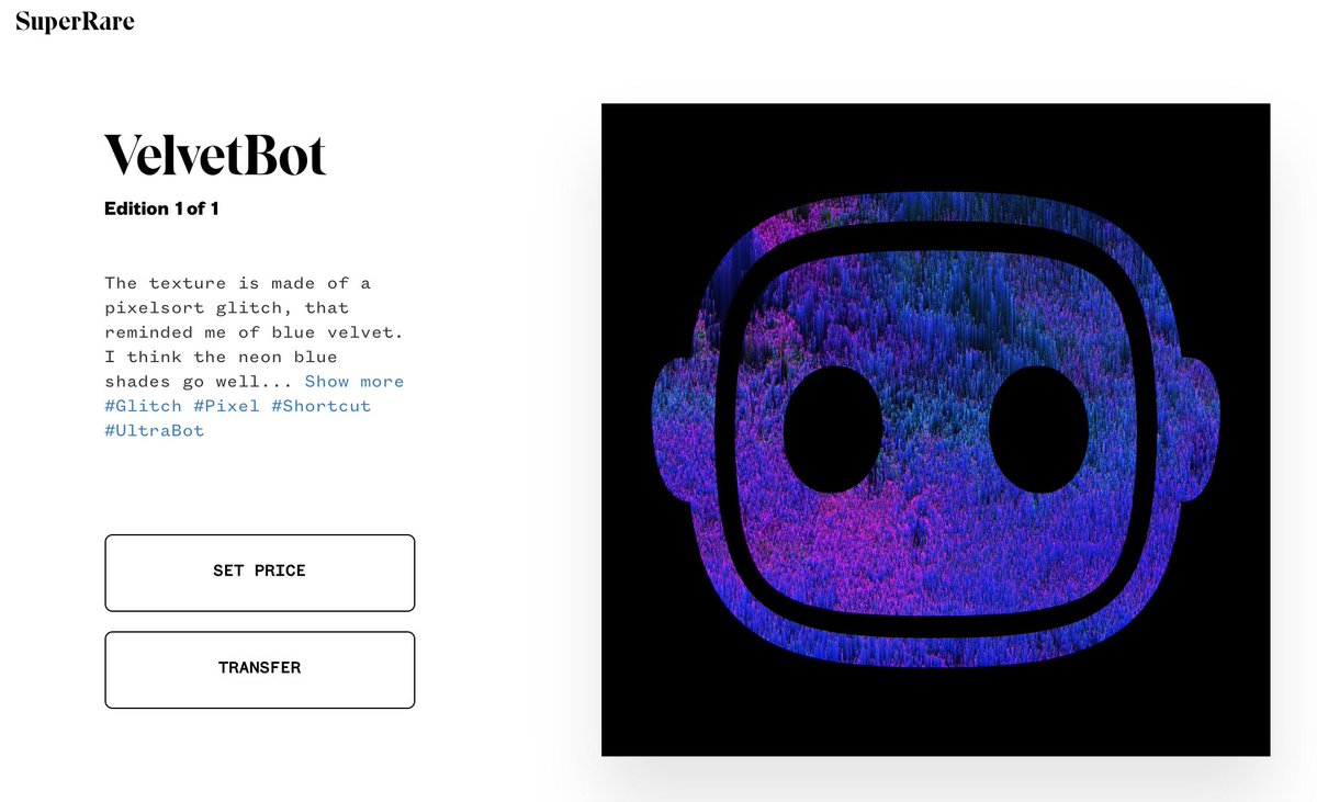 unityofmulti's tweet image. Say &quot;Hello&quot; to &quot;VelvetBot&quot; - my collaborative @CryptoBots_ #ultrabot. Bidding for this unique piece of #cryptoart is now open at @SuperRare_co superrare.co/artwork/velvet… #pixelsort #glitchart