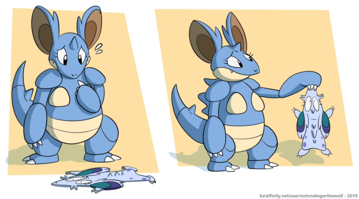 SchrodyWolf's tweet photo. Nidoqueen just tried to help the smol flat Nidoran, but I guess, it got backfired on her... or backaired? https://t.co/XYjKP0yXqU