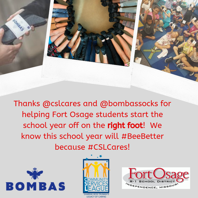 FortOsageSchool's tweet photo. Thanks to @cslcares and @bombassocks for helping Fort Osage students start the school year off on the right foot! We know this school year will #BeeBetter because #CSLCares! Your students will be bringing home a pair of Bombas socks today! #FortProud https://t.co/NHwtXhq6Cb
