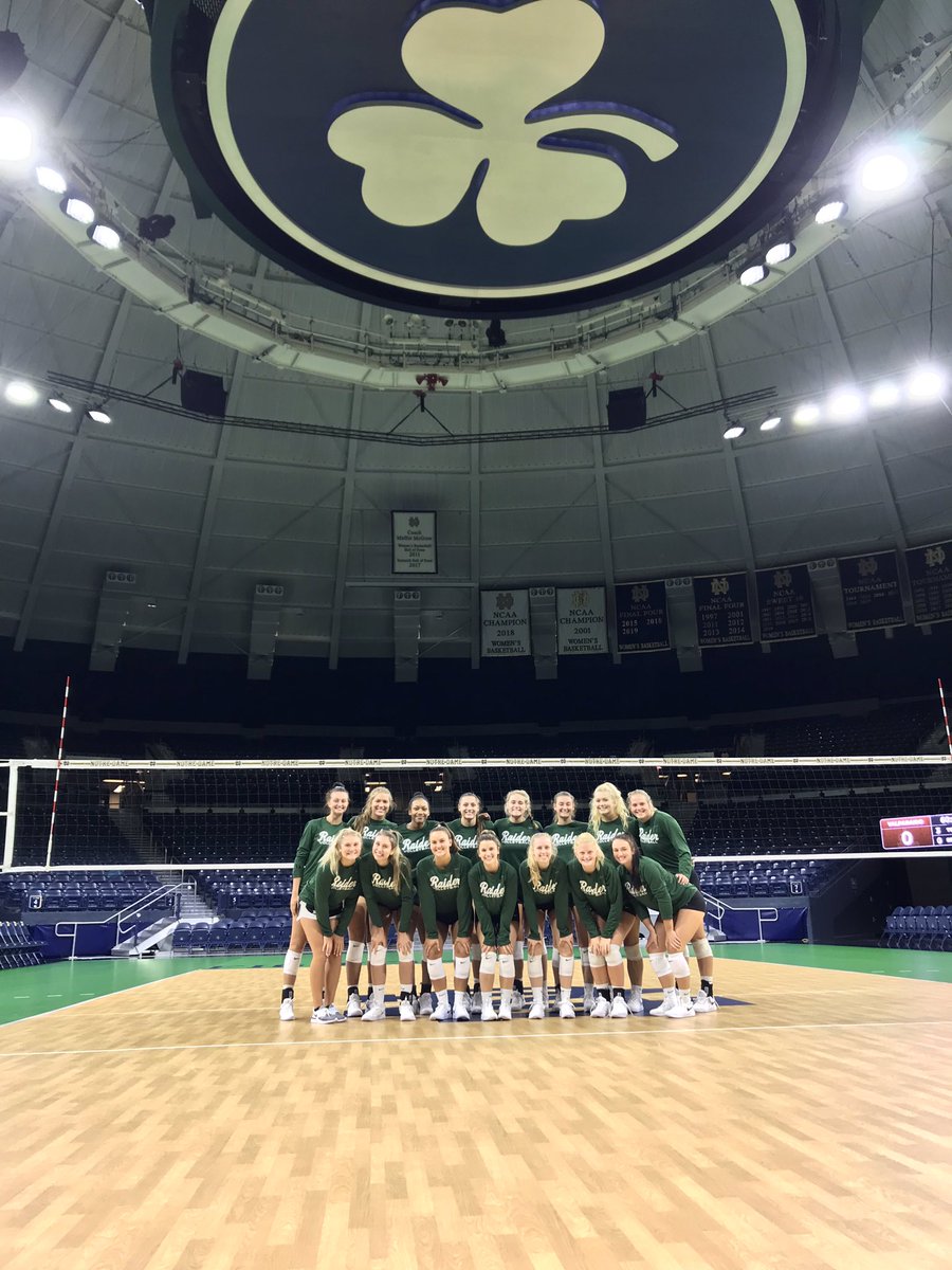 WSUVball's tweet photo. Practice before our first preseason tournament at Notre Dame! Looking forward to a weekend of great volleyball! Thank you @NDvolleyball for having us! #RaiderUp https://t.co/qY7tTz1QHP