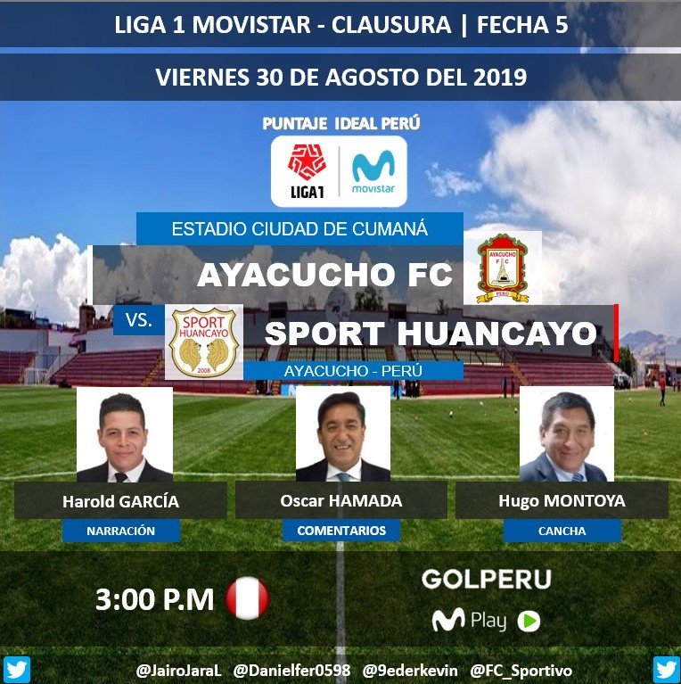 PuntajeIdealPE's tweet photo. ⚽ #Liga1Movistar 🇵🇪 | #AyacuchoFC vs. #SportHuancayo
🎙 Narración: @haroldgad
🎙 Comentarios: @oscarhamada
📝 Cancha: #HugoMontoya
📺 @GOLPERUoficial (14 - 714 HD)
💻📱#MovistarPlayPerú
🤳 #LIGA1MOVISTARxGOLPERU
Dale RT 🔃 https://t.co/M4RVb8DXpk