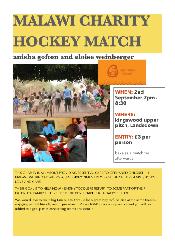 Our wonderful members Anisha Gofton and Eloise Weinberger are hosting a charity ladies hockey match in aid of <a href="/OpenArmsMalawi/">OpenArmsMalawi</a> Support them and this wonderful cause on Monday 2nd September 7 - 8-30pm on the Upper Pitch - Entry £3 per person.

For more info cobhc.org.uk/news/malawi_ch…