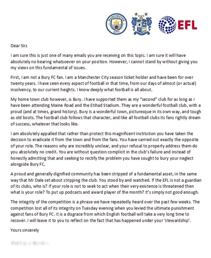 kategiffard's tweet image. This letter from a @ManCity fan to the @efl sums it up perfectly.
The integrity of competition the EFL speak of often undermined by their own treatment of @OfficialBWFC giving sides who’ve already played their youth side an unfair advantage. Arse and elbow springs to mind Jevons.