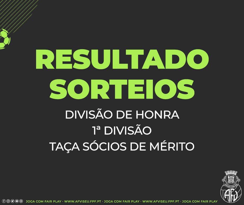 🗣 Conheça o resultado dos sorteios das competições senior de futebol da AF Viseu:

⚽️ DIVISÃO DE HONRA - bit.ly/30IYuX9

⚽️ 1ª DIVISÃO - bit.ly/2NDTkbf

⚽ TAÇA SÓCIOS DE MÉRITO - bit.ly/2ZygoyA

#AFV #sorteio #futebol