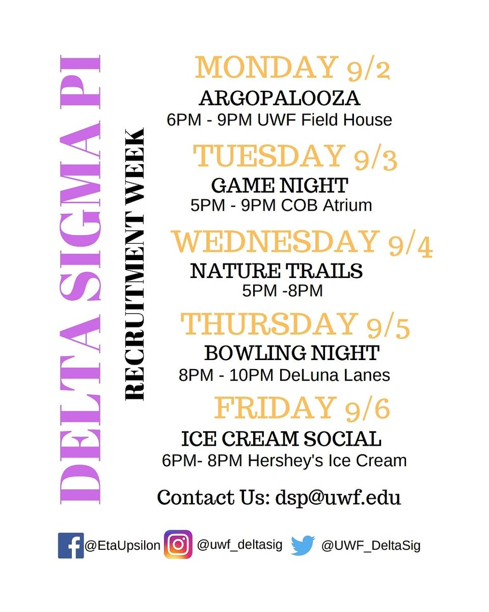 UWF_DeltaSig's tweet photo. Would you like to join DSP? Join us during our fall recruitment week and have a fun time with the brothers of the Eta Upsilon chapter of Delta Sigma Pi.
#uwf #dsp #deltasigmapi #etaupsilon https://t.co/hosMJcSOGX
