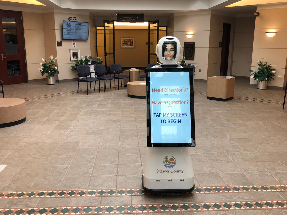 ARS_Robots's tweet photo. Exciting news from ARS: Ottawa County's Fillmore Building in Michigan has just purchased a WayFinding robot for their main lobby! The robot answers questions, provides directions, and can connect you to an Ottawa employee. https://t.co/ONrZKsnrJP