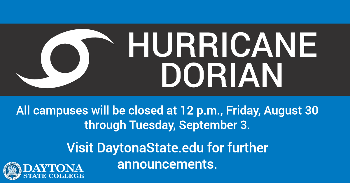 DSC_News's tweet photo. #DSCAlert #HurricaneDorian Daytona State College will close at noon, Friday, August 30 with all activities and classes on all campuses cancelled through Tuesday, September 3. Please bookmark this page for further updates.
https://t.co/OJ4opxp0cw https://t.co/tV1Ybgc2MG