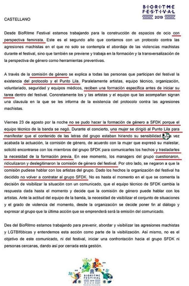 "Se dirigió al Punto Lila para manifestar que las letras del grupo estaban hiriendo su sensibilidad".
