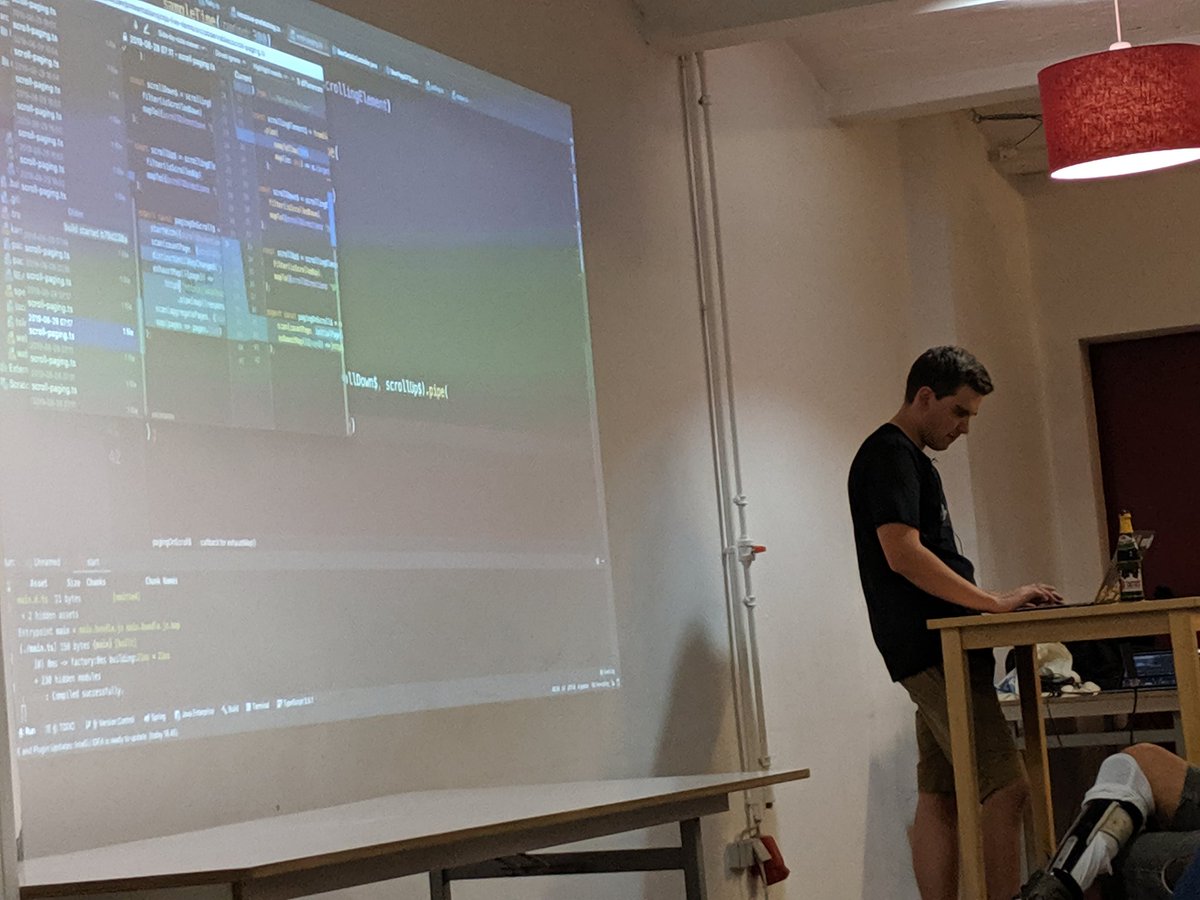 GregOnNet's tweet photo. Watching @niklas_wortmann coding live @angular_berlin.
Nice to see real life example for lots of #RxJS operators. 🎉
I already learned a new operator: #sampleTime ⏲️ https://t.co/S8IxstbMu5
