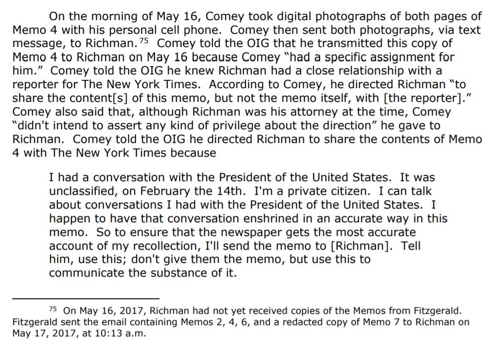 I think Comey was worried about McCabe, not Trump, deleting any tapes of conversations between the President & Comey on bugs or illegal wiretaps. So Comey sent Richman Memo 4 by text (paper trail) the memo that he had already sent to his one attorney who would forward it next day